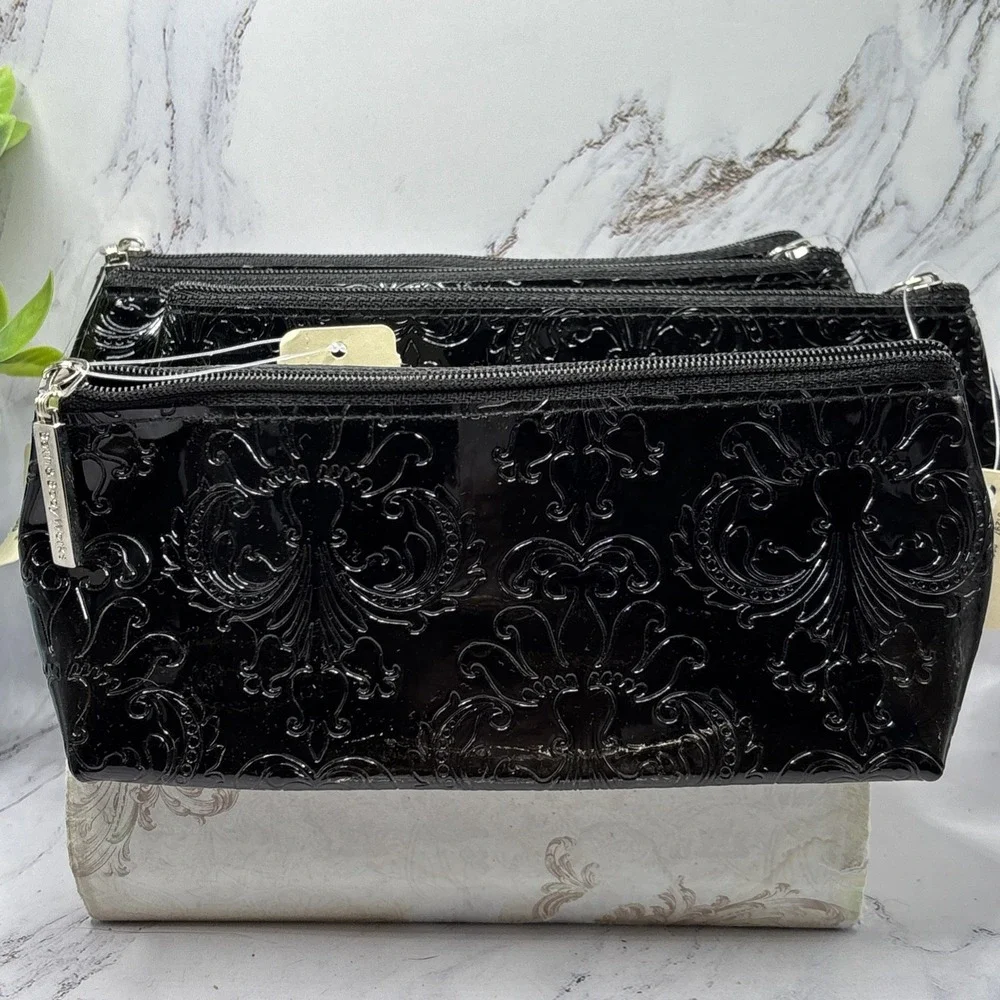 Bath & Body Works Black Patent Embossed Damask Cosmetic Bag Set‎ Of 4 NWT Rare